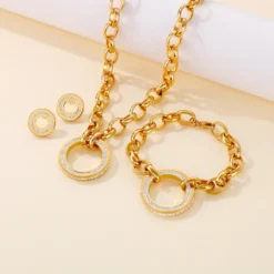 Fashion Thick Chain Round Hollow Full Rhinestone Necklace Bracelet Earrings Titanium Ornament Three-Piece Set -Deals Glis Jewel Store 1524631955650514944