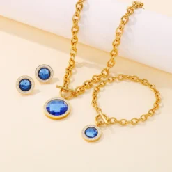 Fashion Inlay Rhinestone Glass Stone Stainless Steel Necklace Bracelet Ear Studs Three-Piece Set