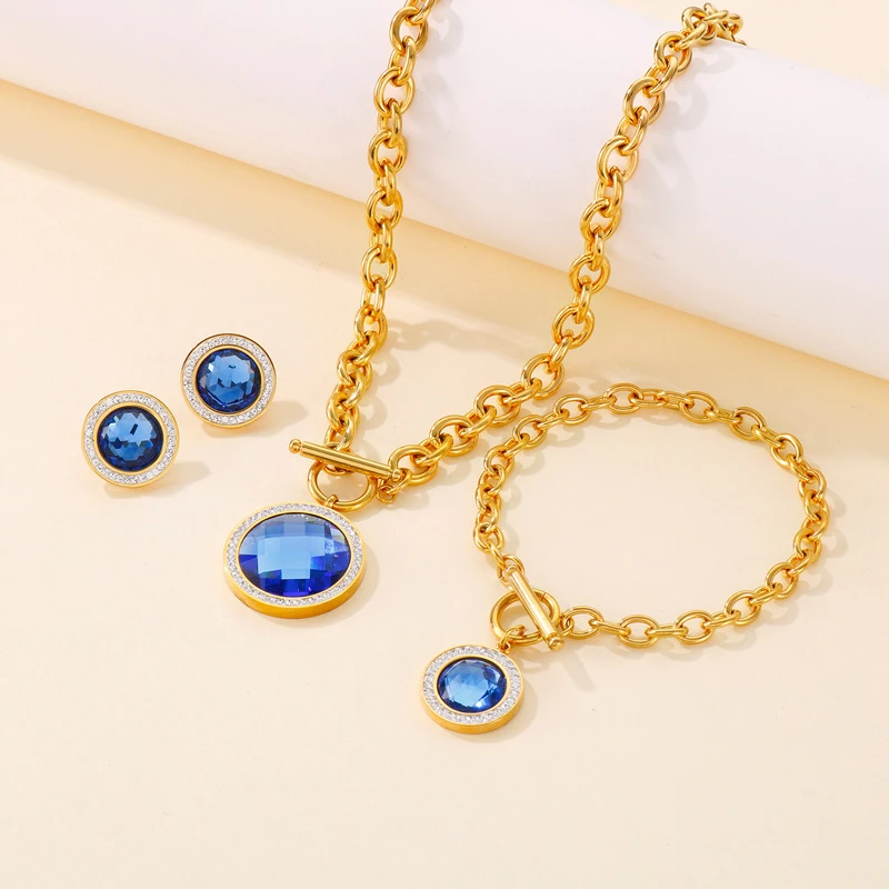 Fashion Inlay Rhinestone Glass Stone Stainless Steel Necklace Bracelet Ear Studs Three-Piece Set 1 Fashion Inlay Rhinestone Glass Stone Stainless Steel Necklace Bracelet Ear Studs Three-Piece Set