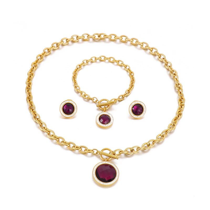 Fashion Inlay Rhinestone Glass Stone Stainless Steel Necklace Bracelet Ear Studs Three-Piece Set 4 Fashion Inlay Rhinestone Glass Stone Stainless Steel Necklace Bracelet Ear Studs Three-Piece Set - Image 4