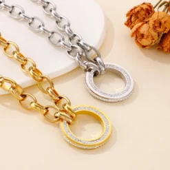 Fashion Thick Chain Round Hollow Full Rhinestone Necklace Bracelet Earrings Titanium Ornament Three-Piece Set -Deals Glis Jewel Store 1524635633111404544