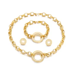 Fashion Thick Chain Round Hollow Full Rhinestone Necklace Bracelet Earrings Titanium Ornament Three-Piece Set