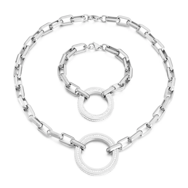 Fashion Circle Stainless Steel Artificial Rhinestones Bracelets Necklace 2 Pieces 3 Fashion Circle Stainless Steel Artificial Rhinestones Bracelets Necklace 2 Pieces - Image 3
