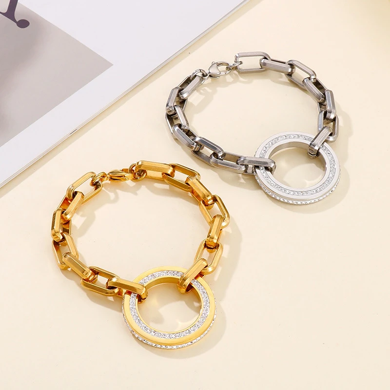 Fashion Circle Stainless Steel Artificial Rhinestones Bracelets Necklace 2 Pieces 2 Fashion Circle Stainless Steel Artificial Rhinestones Bracelets Necklace 2 Pieces - Image 2