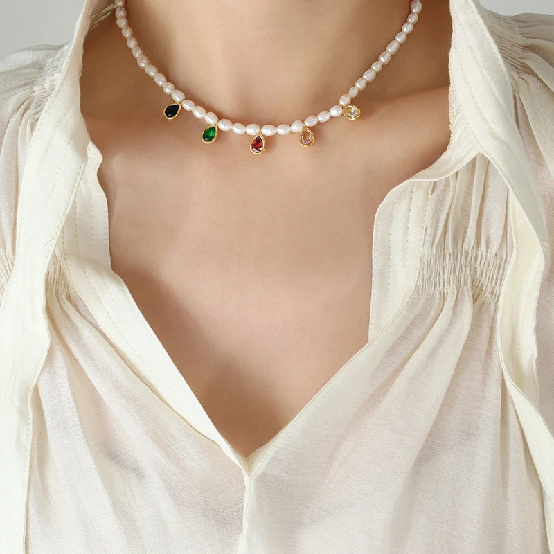 Fashion Water Droplets Titanium Steel Choker Pearl Inlay Artificial Crystal Stainless Steel Necklaces 3 Fashion Water Droplets Titanium Steel Choker Pearl Inlay Artificial Crystal Stainless Steel Necklaces - Image 3