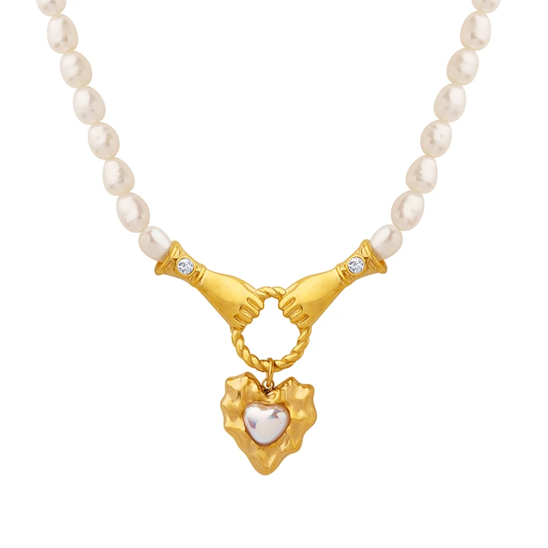 French Style Hand Heart Shape Titanium Steel Pendant Necklace Gold Plated Pearl Stainless Steel Necklaces 6 French Style Hand Heart Shape Titanium Steel Pendant Necklace Gold Plated Pearl Stainless Steel Necklaces - Image 6