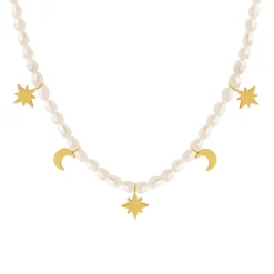 Simple Style Star Moon Titanium Steel Beaded Gold Plated Artificial Pearls Choker 1 Piece -Deals Glis Jewel Store 1582937942983315456