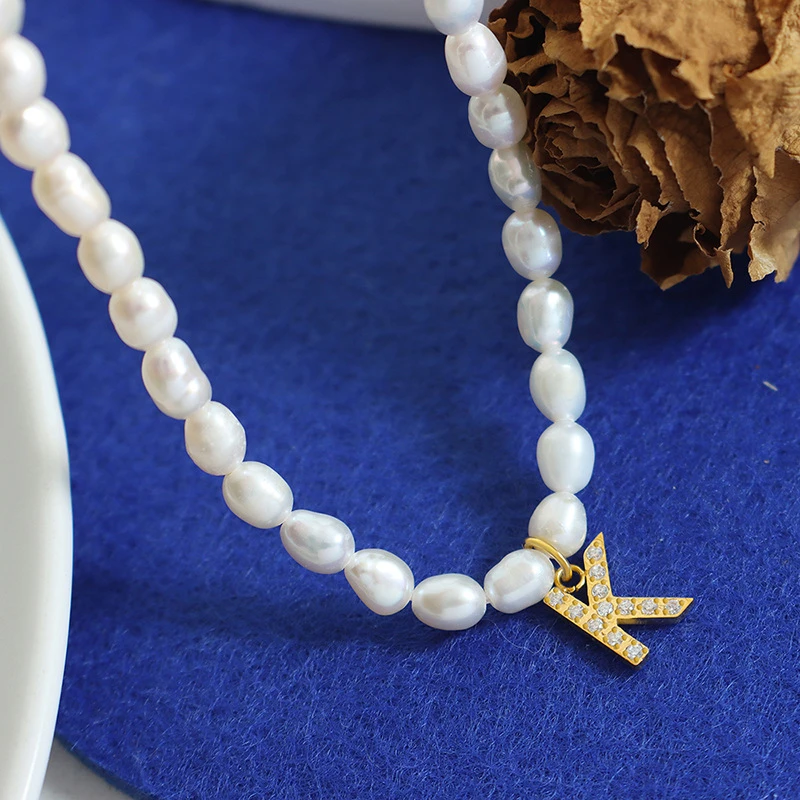 Elegant Letter Pearl Titanium Steel Plating Zircon Necklace 3 Elegant Letter Pearl Titanium Steel Plating Zircon Necklace - Image 3
