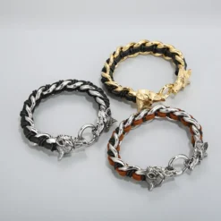 Fashion Animal Wolf Stainless Steel Leather Braid Bangle 1 Piece -Deals Glis Jewel Store 1603214930167861248