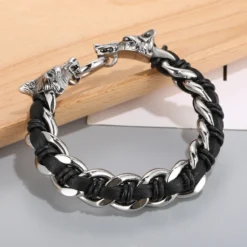 Fashion Animal Wolf Stainless Steel Leather Braid Bangle 1 Piece -Deals Glis Jewel Store 1603214931426152448