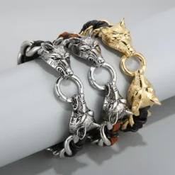 Fashion Animal Wolf Stainless Steel Leather Braid Bangle 1 Piece -Deals Glis Jewel Store 1603214931812028416