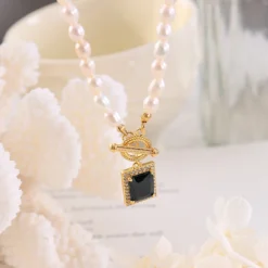 1 Piece Elegant Square Stainless Steel Freshwater Pearl Inlaid Zircon Necklace -Deals Glis Jewel Store 1629320737544343552
