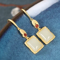 1 Pair Retro Square Sterling Silver Inlay Agate Jade Drop Earrings -Deals Glis Jewel Store 1632551652168962048