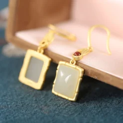 1 Pair Retro Square Sterling Silver Inlay Agate Jade Drop Earrings -Deals Glis Jewel Store 1632551655763480576