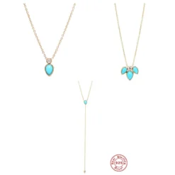 Fashion Water Droplets Tassel Sterling Silver Inlay Turquoise Zircon Necklace
