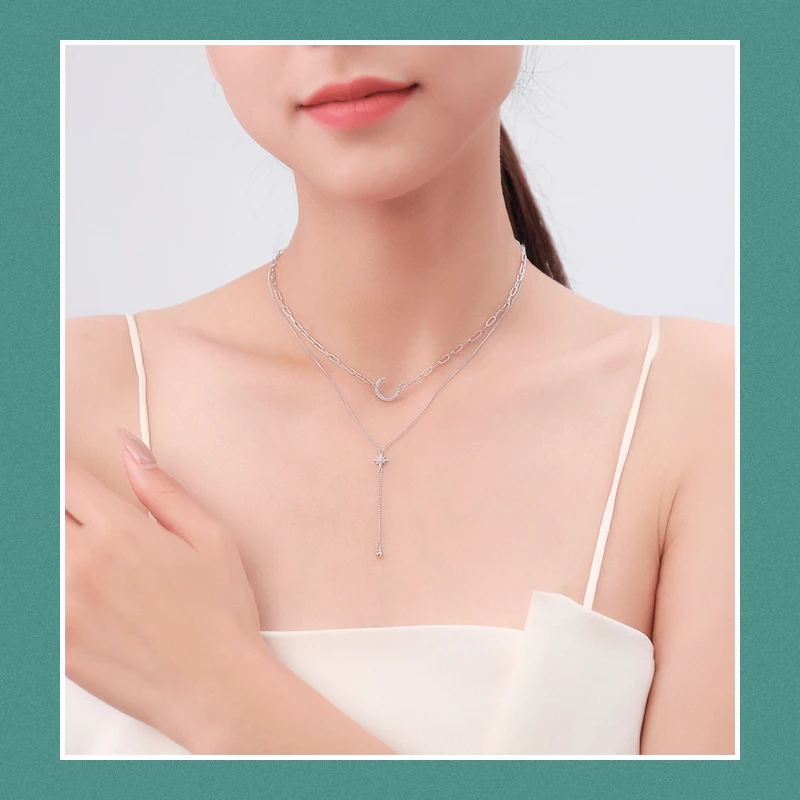 Elegant Simple Style Star Moon Sterling Silver Plating Inlay Zircon Rhodium Plated Layered Necklaces 4 Elegant Simple Style Star Moon Sterling Silver Plating Inlay Zircon Rhodium Plated Layered Necklaces - Image 4
