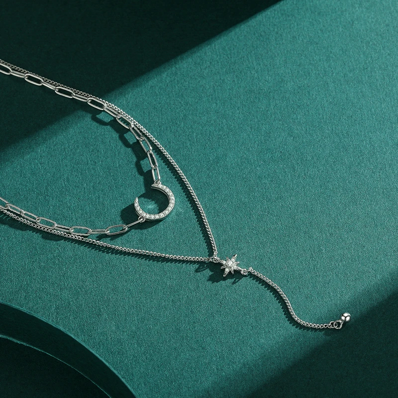 Elegant Simple Style Star Moon Sterling Silver Plating Inlay Zircon Rhodium Plated Layered Necklaces 1 Elegant Simple Style Star Moon Sterling Silver Plating Inlay Zircon Rhodium Plated Layered Necklaces