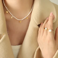 Elegant Luxurious Baroque Style Star Moon Freshwater Pearl Titanium Steel Plating 18K Gold Plated Necklace -Deals Glis Jewel Store 1645330199203680256