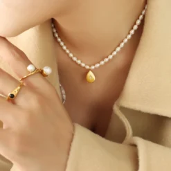 Elegant Luxurious Baroque Style Water Droplets Freshwater Pearl Titanium Steel Beaded Plating Freshwater Pearl Titanium Steel 18K Gold Plated Pendant Necklace -Deals Glis Jewel Store 1645331653737975808