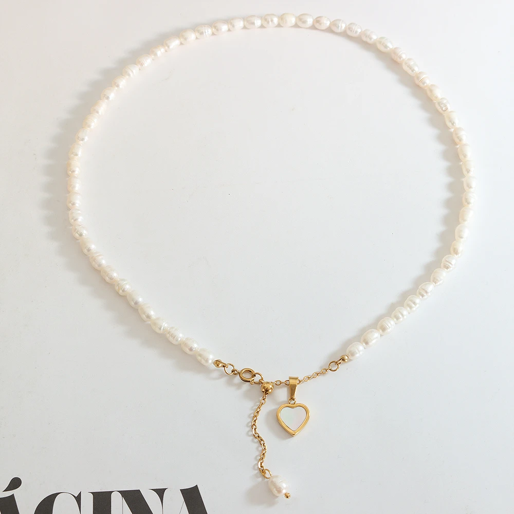 Elegant Baroque Style Heart Shape Beaded Freshwater Pearl Titanium Steel Plating 18K Gold Plated Pendant Necklace 3 Elegant Baroque Style Heart Shape Beaded Freshwater Pearl Titanium Steel Plating 18K Gold Plated Pendant Necklace - Image 3