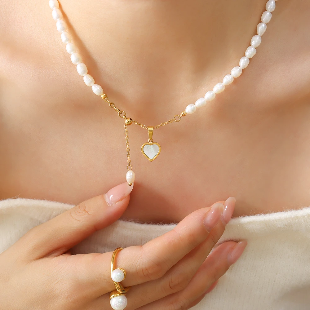 Elegant Baroque Style Heart Shape Beaded Freshwater Pearl Titanium Steel Plating 18K Gold Plated Pendant Necklace 7 Elegant Baroque Style Heart Shape Beaded Freshwater Pearl Titanium Steel Plating 18K Gold Plated Pendant Necklace - Image 7