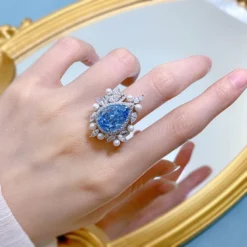 Lady Shiny Water Droplets Sterling Silver Inlay Artificial Pearls High Carbon Diamond Rings