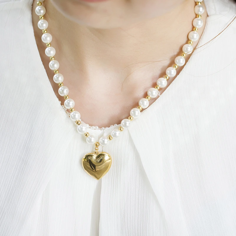 Elegant Heart Shape Stainless Steel Artificial Pearl Beaded Bracelets Earrings Necklace 4 Elegant Heart Shape Stainless Steel Artificial Pearl Beaded Bracelets Earrings Necklace - Image 4