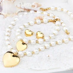 Elegant Heart Shape Stainless Steel Artificial Pearl Beaded Bracelets Earrings Necklace 12 Elegant Heart Shape Stainless Steel Artificial Pearl Beaded Bracelets Earrings Necklace -Deals Glis Jewel Store 1659105589025968128