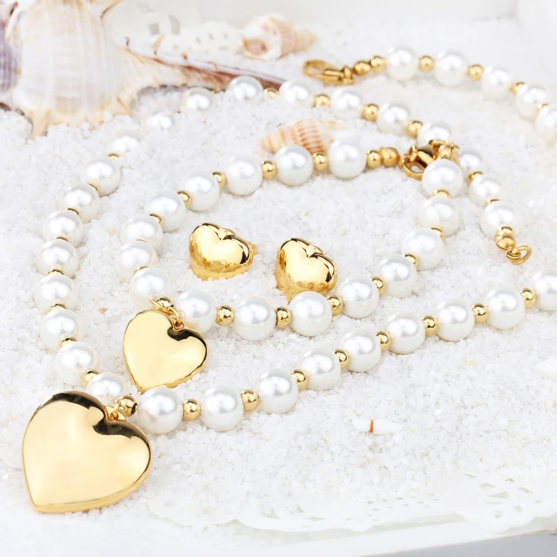 Elegant Heart Shape Stainless Steel Artificial Pearl Beaded Bracelets Earrings Necklace 5 Elegant Heart Shape Stainless Steel Artificial Pearl Beaded Bracelets Earrings Necklace - Image 5