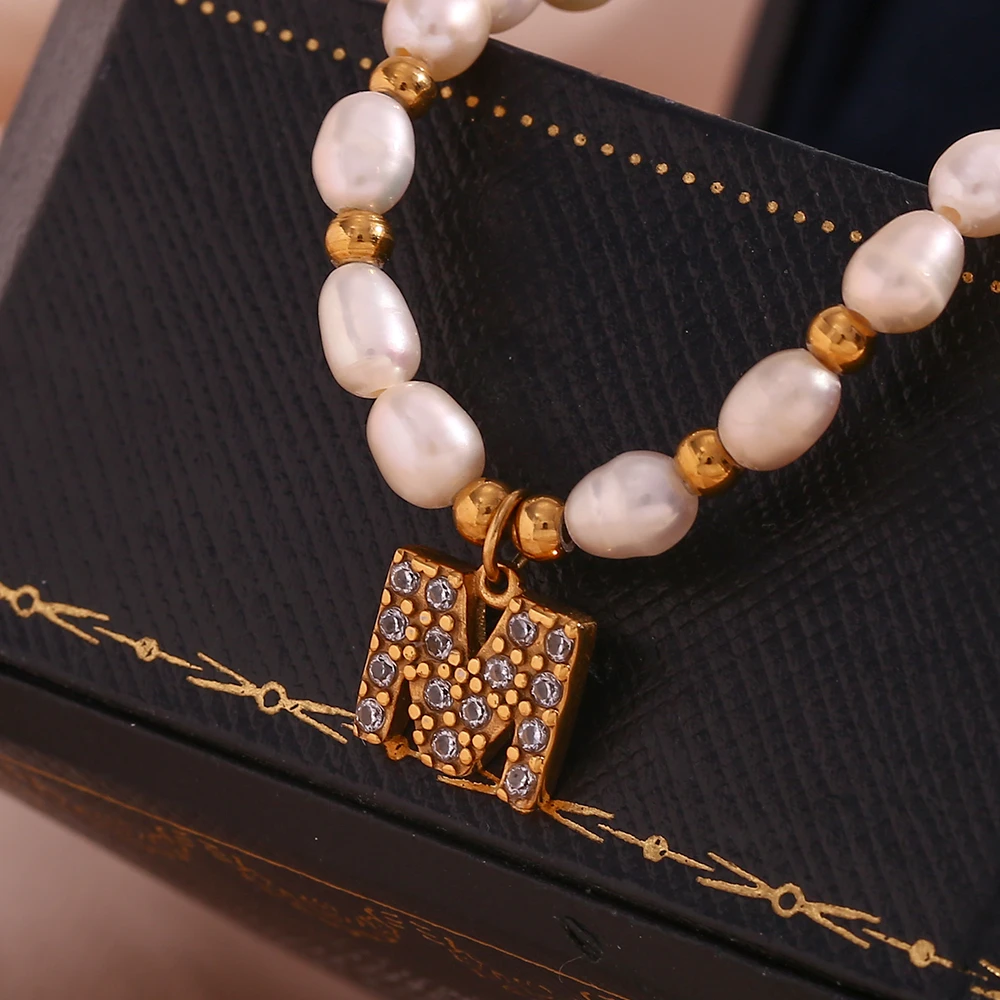 Elegant Letter Stainless Steel Freshwater Pearl Beaded Plating Inlay Zircon 18K Gold Plated Pendant Necklace 4 Elegant Letter Stainless Steel Freshwater Pearl Beaded Plating Inlay Zircon 18K Gold Plated Pendant Necklace - Image 4