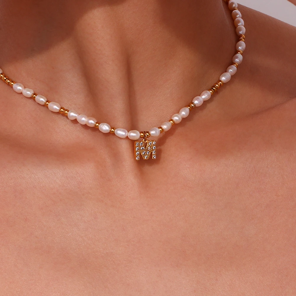 Elegant Letter Stainless Steel Freshwater Pearl Beaded Plating Inlay Zircon 18K Gold Plated Pendant Necklace 2 Elegant Letter Stainless Steel Freshwater Pearl Beaded Plating Inlay Zircon 18K Gold Plated Pendant Necklace - Image 2
