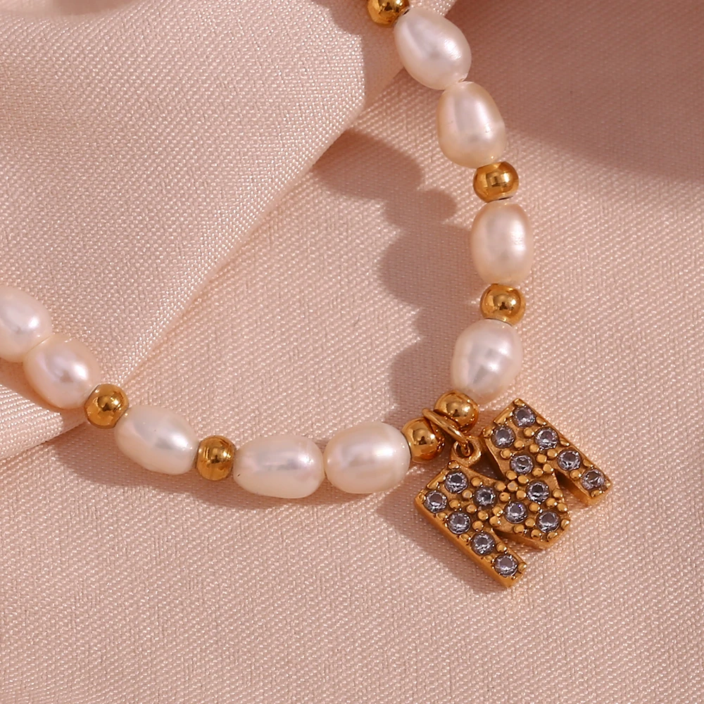 Elegant Letter Stainless Steel Freshwater Pearl Beaded Plating Inlay Zircon 18K Gold Plated Pendant Necklace 6 Elegant Letter Stainless Steel Freshwater Pearl Beaded Plating Inlay Zircon 18K Gold Plated Pendant Necklace - Image 6