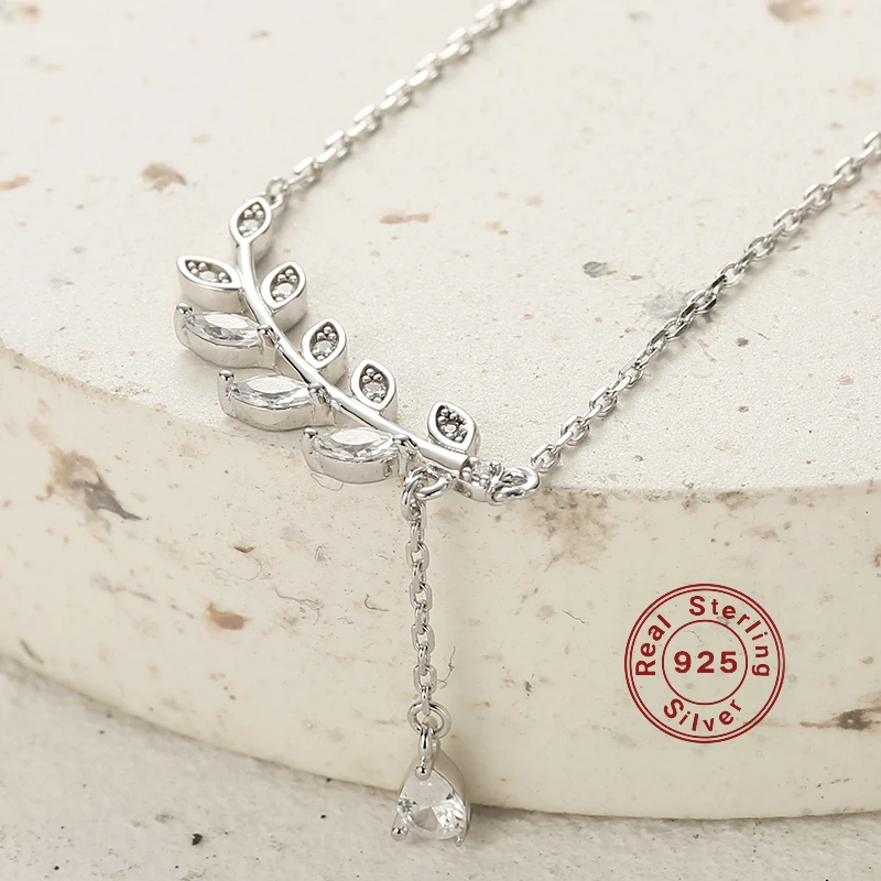 Elegant Luxurious Leaf Leaves Sterling Silver Inlay Zircon White Gold Plated Pendant Necklace 2 Elegant Luxurious Leaf Leaves Sterling Silver Inlay Zircon White Gold Plated Pendant Necklace - Image 2