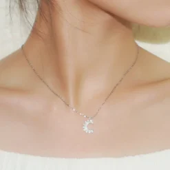 Classic Style Moon Sterling Silver Inlay Artificial Gemstones Pendant Necklace