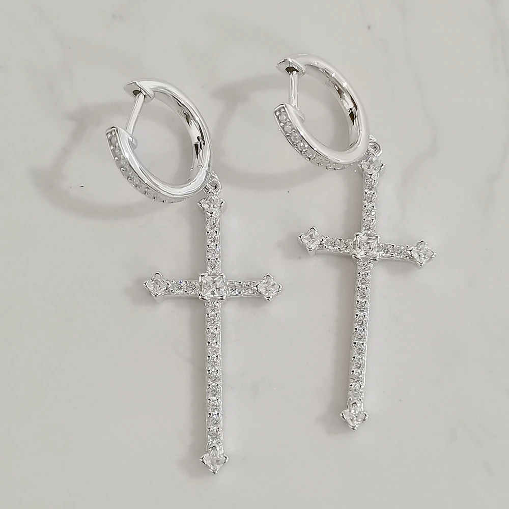 1 Pair Elegant Lady Cross Inlay Sterling Silver High Carbon Diamond White Gold Plated Drop Earrings 7 1 Pair Elegant Lady Cross Inlay Sterling Silver High Carbon Diamond White Gold Plated Drop Earrings - Image 7