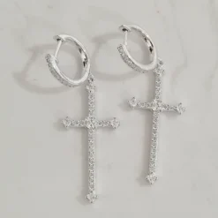 1 Pair Elegant Lady Cross Inlay Sterling Silver High Carbon Diamond White Gold Plated Drop Earrings