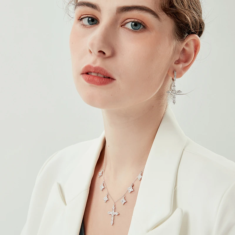 1 Pair Elegant Lady Cross Inlay Sterling Silver High Carbon Diamond White Gold Plated Drop Earrings 3 1 Pair Elegant Lady Cross Inlay Sterling Silver High Carbon Diamond White Gold Plated Drop Earrings - Image 3