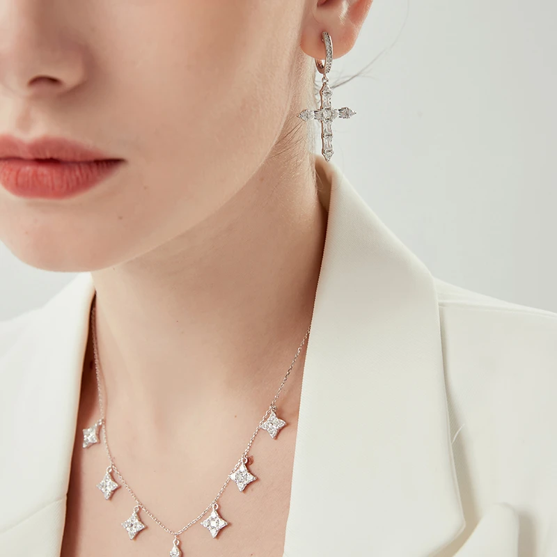 1 Pair Elegant Lady Cross Inlay Sterling Silver High Carbon Diamond White Gold Plated Drop Earrings 4 1 Pair Elegant Lady Cross Inlay Sterling Silver High Carbon Diamond White Gold Plated Drop Earrings - Image 4