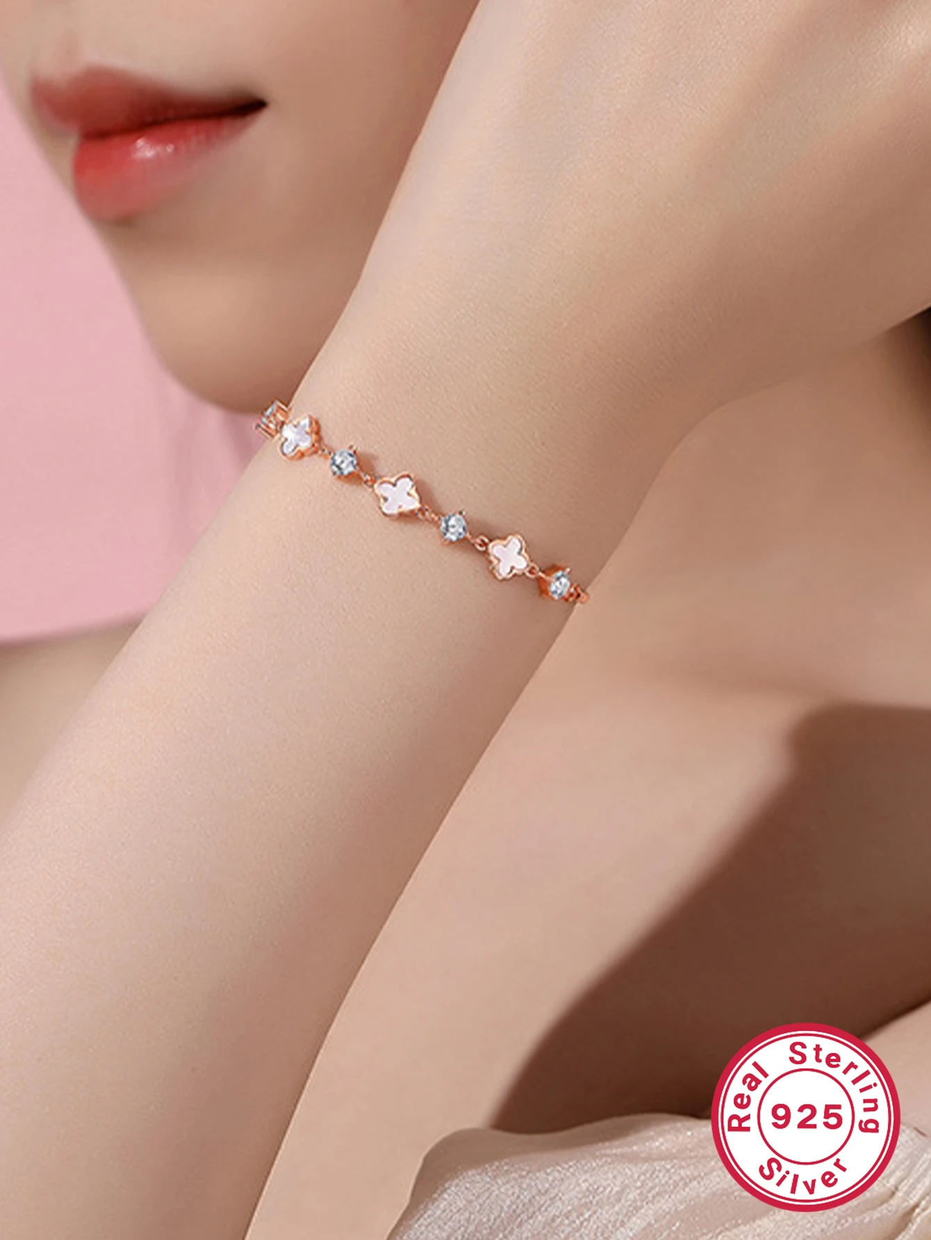Casual Simple Style Four Leaf Clover Sterling Silver Plating Inlay Zircon Rose Gold Plated Bracelets 4 Casual Simple Style Four Leaf Clover Sterling Silver Plating Inlay Zircon Rose Gold Plated Bracelets - Image 4