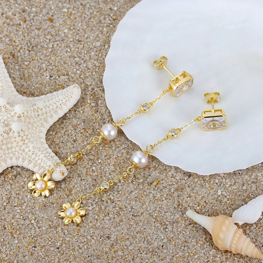 1 Pair Elegant Square Flower Plating Inlay Sterling Silver Freshwater Pearl Zircon Drop Earrings 4 1 Pair Elegant Square Flower Plating Inlay Sterling Silver Freshwater Pearl Zircon Drop Earrings - Image 4