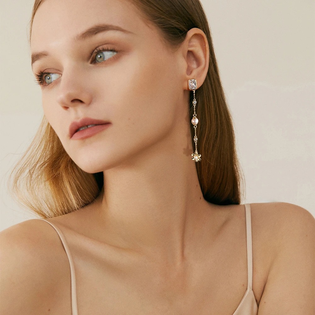 1 Pair Elegant Square Flower Plating Inlay Sterling Silver Freshwater Pearl Zircon Drop Earrings 2 1 Pair Elegant Square Flower Plating Inlay Sterling Silver Freshwater Pearl Zircon Drop Earrings - Image 2