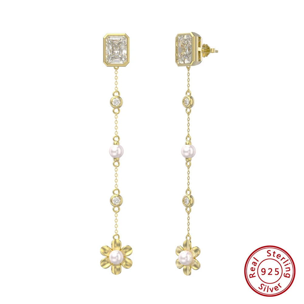 1 Pair Elegant Square Flower Plating Inlay Sterling Silver Freshwater Pearl Zircon Drop Earrings 3 1 Pair Elegant Square Flower Plating Inlay Sterling Silver Freshwater Pearl Zircon Drop Earrings - Image 3