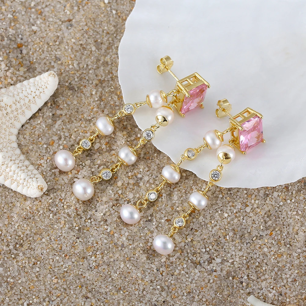 1 Pair Elegant Square Plating Inlay Freshwater Pearl Sterling Silver Zircon Drop Earrings 3 1 Pair Elegant Square Plating Inlay Freshwater Pearl Sterling Silver Zircon Drop Earrings - Image 3