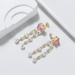 1 Pair Elegant Square Plating Inlay Freshwater Pearl Sterling Silver Zircon Drop Earrings