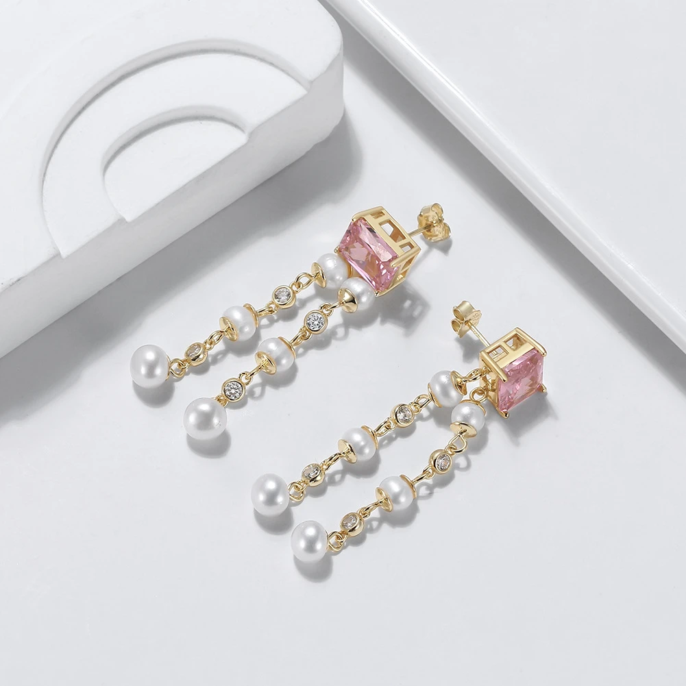 1 Pair Elegant Square Plating Inlay Freshwater Pearl Sterling Silver Zircon Drop Earrings