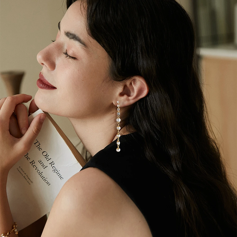 1 Pair Elegant Round Plating Inlay Freshwater Pearl Sterling Silver Zircon Drop Earrings 4 1 Pair Elegant Round Plating Inlay Freshwater Pearl Sterling Silver Zircon Drop Earrings - Image 4