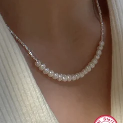 Fairy Style Round Freshwater Pearl Sterling Silver Plating White Gold Plated Necklace