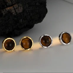 1 Pair Retro Round Inlay Sterling Silver Tiger Tooth Stone Ear Studs