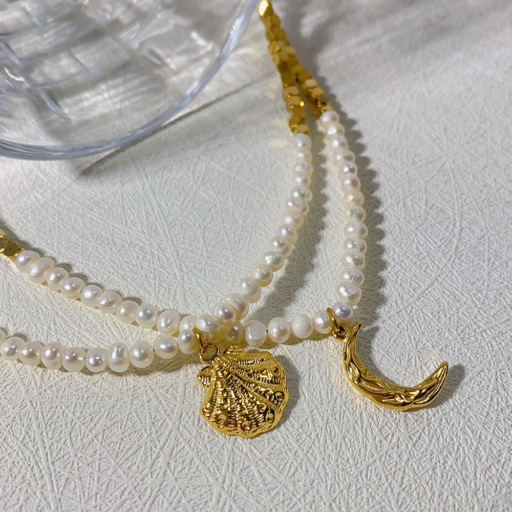 Simple Style Moon Shell Freshwater Pearl Titanium Steel Plating Necklace 2 Simple Style Moon Shell Freshwater Pearl Titanium Steel Plating Necklace - Image 2