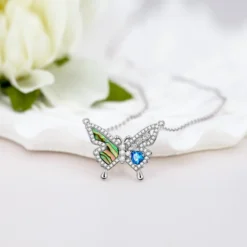 Lady Butterfly Sterling Silver Plating Inlay Artificial Gemstones Pendant Necklace
